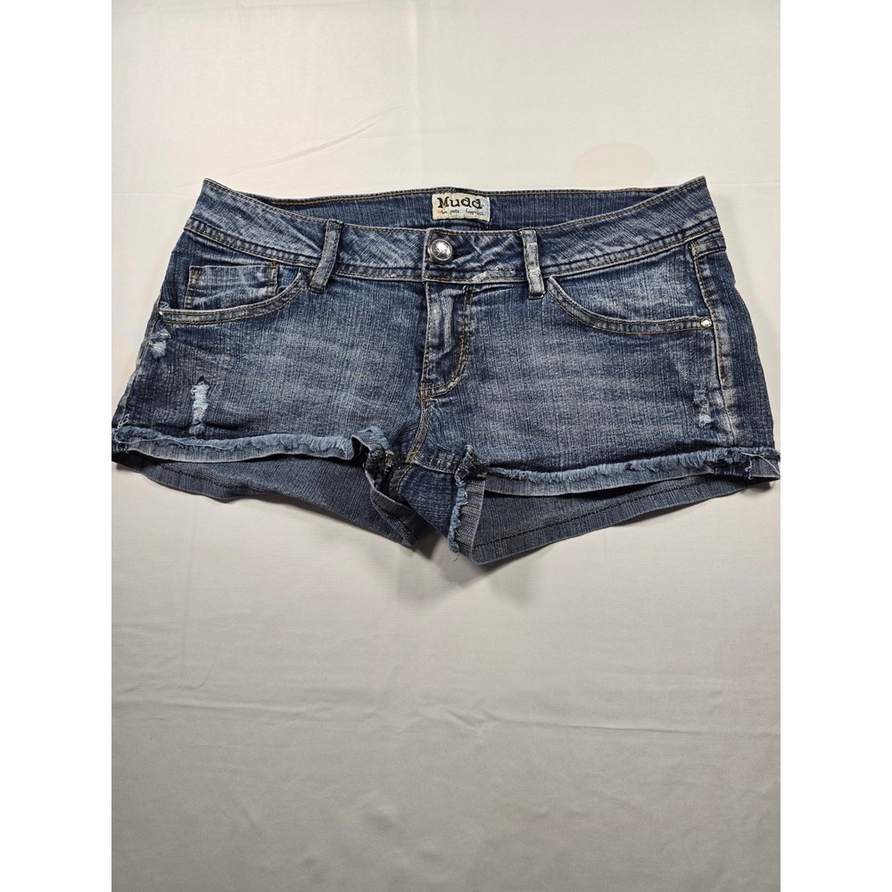 Mudd Womens Low Rise Distressed Denim Shorts Blue Size 9 Frayed Hem Micro Mini‎